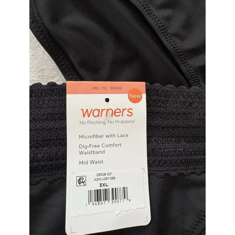NEW Warners No Pinching No Problems Lace Bikini 5509 Black 3 Pair Size 3Xlarge
